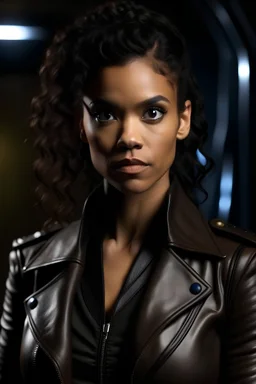 Maisie Richardson-Sellers as Matilda Harris, Doctor Who companion, black leather outfit.