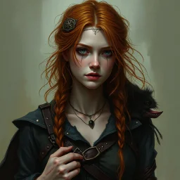 a pretty fantasy woman, young, ginger hair, troubled, unstable, dark fantasy art