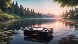 A serene landscape with a record player placed near a calm river or lake, featuring gentle ripples and soft lighting to evoke the pure and tranquil essence of lo-fi music. highly detailed eyes and lips, HDR, 8K, ultra detailed, High quality, anime, lo-fi style.