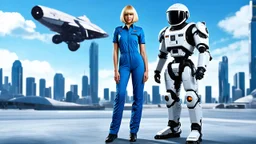 A full-body photograph of a young, slender woman with blond shoulder-length bob hair in a blue jumpsuit, standing in a futuristic cityscape with advanced spacecraft behind them, with a man in a huge metal exosuit with a helmet standing guard beside her.