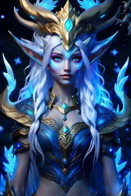 Bioluminescent blue avatars identify dots and patterns on their skin. Pointed elf ears, white hair, glowing blue eyes, slightly shiny blue skin.A beautiful girl with glowing golden eyes. With white decorated hair. And the whole body. And decorated dragon stones. And decorative glass trees realistic