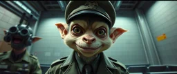 anime, airbrush and pen outline, french art , extreme close up on cheeky fluffy weasel hairy goblin military prison guard news anchor elf family scumbag in the style of Escher and Giger and Fallout 4, pinhole cam, airbrush 3d rendering, on tv screen:A five-second cinematic single take in a clean industrial presentation hall.