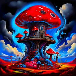 A fantabulous black, blue and red (((mushroom tower house))) erected atop a (geologic pillar), surrounded by the uncanny imaginative ((( swirling skies))), offset by the stark hues of a (neon-tinged nebulous space scape), within. captured by the hand a skilled master painter with a focus on (softly blurred compositions and voluminous lighting).