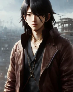 Detailed sad male anime boy with long brown hair, intricate details, full body portrait, keep head in frame, slight, black Japanese motif, concept art, highly detailed, digital painting, concept art, sharp focus, illustration, art by Yoji Shinkawa, WLOP and greg rutkowski and alphonse mucha and artgerm and yanjun Chen and Junji ito and Makoto Shinkai, HDR, octane render