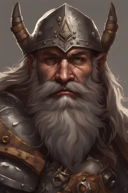 Dungeons and Dragons portrait of the face of a dwarven barbarian with silver armor and a warhammer