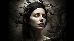 A hauntingly beautiful portrait of a young woman with pale skin and closed eyes, her dark hair woven with thorny branches that form a nest around her head. Several black birds perch on these branches, their silhouettes stark against a muted, grey background. Her makeup is dramatic, with dark, smudged eyeliner that trails down her cheek like tears, and her lips are a deep, muted red. She wears a high-necked, dark Victorian-style dress with intricate lace detailing. The overall mood is melancholic