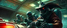 cowboy astronauts in a spaceship cyberpunk warhammer madness, alien hiding in the shadows, space alien troll