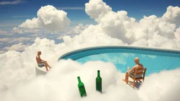 The image features a surreal scene with a swimming pool surrounded by clouds. One figure is sitting on the edge of the pool, while another figure is positioned nearby, engaged in some activity. There is a green bottle and a chair resting against the pool wall, adding to the whimsical atmosphere.