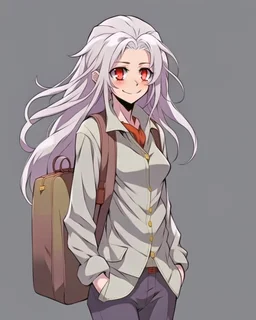 Cute fece, long white hair, gray shirt and with a brown bag, Hunter X Hunter anime style