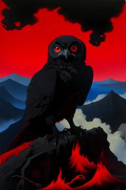 A giant black owl stands above a volcano that is about to erupt. The owl has red stripes all over its body, and it has sharp red eyes like a cat's eyes.