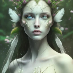 Portrait of beautiful girl, face dept of field,face shining, plant, metal, feathers, Dryad, fae, sidhe, ominous, nature, plants, wildflower, facepaint, dnd character portrait, intricate, oil on canvas, masterpiece, expert, insanely detailed, 4k resolution, retroanime style, cute big circular reflective eyes, cinematic smooth, intricate detail , soft smooth lighting, soft pastel colors, painted Renaissance style,sharp fucus, bokeh,macro lens, 1500mm lens