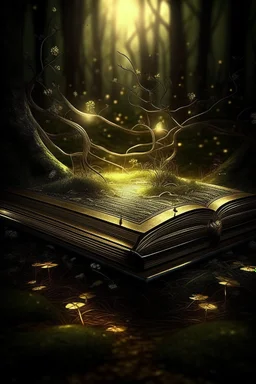 a gloomy mystical forest a magical book lies open, light comes out of it in the form of small golden dots shining golden highlights and grass sprouts branches everywhere a lot of swamp lights haze, Gothic, fantasy, detail, professional photo, detailed drawing, transparency, horror, hyperdetalization, full view, a very beautiful book. beautiful Gothic font