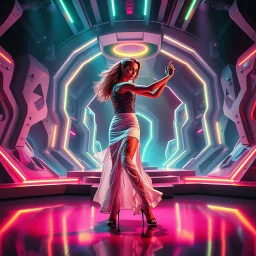 Futuristic sci-fi style, a pretty woman dancing energetic salsa with fluid, expressive movements, on a futuristic evolving stage with morphing 3D geometric structures, pulsating to the rhythm, dynamic vibrant neon lights, volumetric