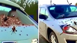 guy upset with filthy car with dead bugs splattered on it