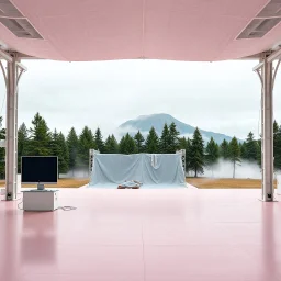 A Hasselblad H6D-400c photo of an open space with white structures and a large computer screen. A transparent tarpaulin covers an image resembling a ruined building. There is a group of fir trees in the background and a high hill in the distance. The surface below is in a pastel color. Fog is present.