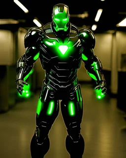 Super IRONMAN armor, kryptonite powered, black armor, black chrome, green lights, built by wayne enterprises, designed by stark industrieshttps://stablecog.com/generate?o=37b70ee1-cbf6-4de2-8ffe-0e02f33ce34f photorealistic, military display, weapons test,