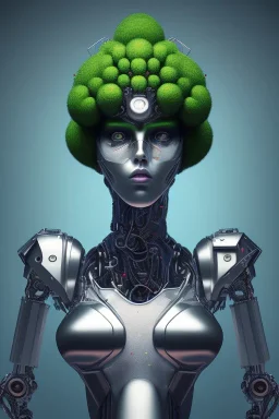 and the winner of the 'most hilarious punk robot' title is: a beautiful full frame portrait digital painting of futuristic broccolipunk robot, wide angle view, extreme close-up, macro lens, centered camera, titanium accents, intricate details, colorful, 8k, least ambient occlusion, volumetric lighting, volumetric clouds