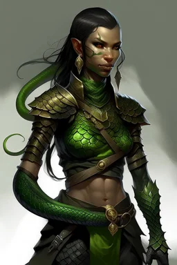 female snake humanoid, green scales, wearing a black leather armor, dungeons and dragons