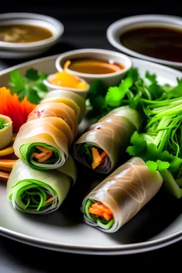 A platter of fresh spring rolls: Spring rolls are a light and refreshing appetizer that are perfect for a hot summer day. They are made with rice paper, fresh vegetables, and your choice of protein and are served with a sweet and tangy dipping sauce.