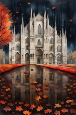 Milan Cathedral. Amanda Clark, Zdzisław Beksiński, Jacek Yerka and Yossi Kotler style mix, surreal whimsical autumn landscape, watercolor- fall foliage is almost over. A beautiful red maple clings to the last of its leaves and a flock of small birds nestled on its branches, watercolour and ink illustration, wet-on-wet, loose water effects, white, red and golden paint splatter, voronoi pattern, richly textured, fluffy clouds, beautiful vibrant colors, opalescent gradient. Modifiers: intricate bea