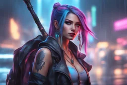 Jinx in 8k arcane drawing style, Dismal them, neon effect, close picture, rain, highly detailed, high details, detailed portrait, masterpiece,ultra detailed, ultra quality