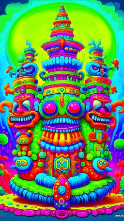 Render a psychedelic pop surrealist painting of a tribal tiki totem set in an otherworldly atmosphere featuring intricate and vibrant details, inspired by the signature styles of Victor Moscoso, Rick Griffin, and Wes Wilson, while incorporating influences from DeviantArt's trending motifs and Alexander Jansson's whimsical undertones.