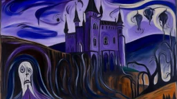 A dark purple mysterious castle with spirits painted by Edvard Munch