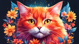 A detailed illustration face (red cat), fire, t-shirt design, flowers splash, t-shirt design, in the style of Studio Ghibli, pastel tetradic colors, 3D vector art, cute and quirky, fantasy art, watercolor effect, bokeh, Adobe Illustrator, hand-drawn, digital painting, low-poly, soft lighting, bird's-eye view, isometric style, retro aesthetic, focused on the character, 4K resolution, photorealistic rendering, using Cinema 4D