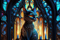 Futuristic cat shaped fancy candles, H.R. Giger style stained glass cathedral, Caravaggio, James Jean, Erin Hanson, hyperdetailed, backlit