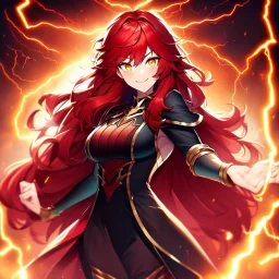 girl, masterpiece, best quality, volumetric lighting, detailed outfit, perfect eyes, red hair, long hair, vibrant golden eyes, messy hair, lightning magic, angry, smile,