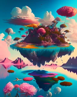 A surreal scene of floating islands in a colorful sky with unique flora and fauna