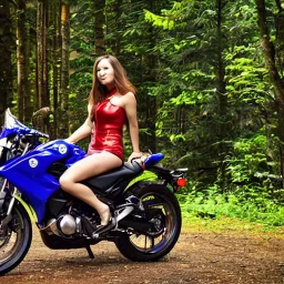 Very attractive woman sitting on a motorcycle. The bike is Yamaha. In the background is a forest.