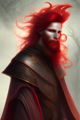 Fantasy Red haired man wearing a cloak with bright red eyes