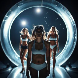 Female athletes and female fashion models traveling through a Stargate. Lighting from behind the observer.