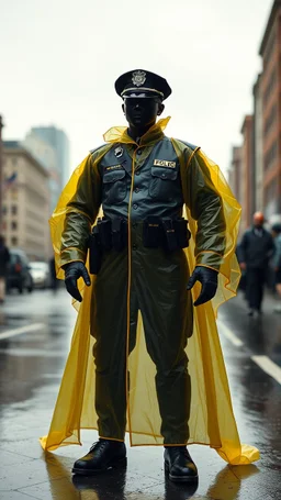 vintage, nypd full body color 1920 black policeman with external exoskeleton wtih heavy yellow rain transparent coat