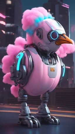 CHICKEN robot made of cotton candy, sci-fi, cyberpunk, full body, ultra realistic, virtual reality, cyberpunk city and colors