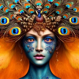 Insanely detailed photograph of an elaborate beautiful peacock goddess intricate glowing skin eyes intricate face hair lashes fur dress hyperdetailed painting by Anna Dittmann Huang Guangjian and Dan Witz CGSociety ZBrush Central fantasy art album cover art 4K 64 megapixels 8K resolution HDR Greek shiny space colours jewelry celestial hair eyes light"