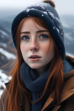 a girl with coppery blonde hair and deep dark bluey gray eyes and dressed in winter clothing standing on a mountain top, her eyes reflecting the raindrops falling around her
