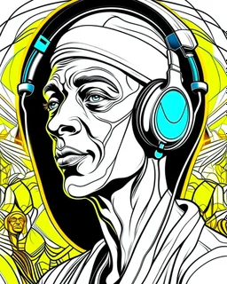 Illustrative sketch of Pharaoh Akhenaten in music with headphones, ultra quality, hyper detailed, graffiti, concept art, maximalism, 8k