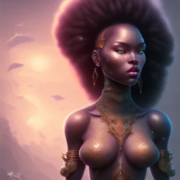 sango fantasy, fantasy magic, intricate, sharp focus, illustration, highly detailed, digital painting, concept art, matte, masterpiece head sexy lady body black African beauty space lady black leopard skin one head African afro sky