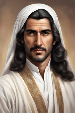 realistic arab emir, mid sixties, shoulder-length hair, handsome, modern, in traditional Bahraini clothing