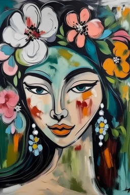 Painted portrait of Chinese woman in turban full of flowers, heavy makeup, long hair, painted by brush in style of water paint by Pablo Picasso
