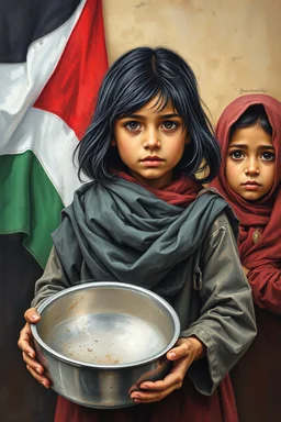 an expressive painting of a 3 years old girl poor with black hair and Ruth clothes standing in line with out her children’s asking for food holding a pan in her hand painting, with Palestinian flag in the background, we might see a companion with features of absolute strength and determination, blended with warmth and deep faith. Perhaps his face expresses wisdom and courage, with eyes radiating confidence and faith.