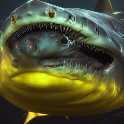 A beautiful portrait of a cyborg shark yellow color scheme, high key lighting, volumetric light high details psychedelic background