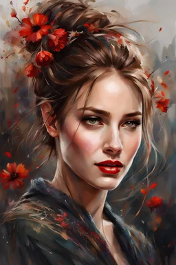 Smiling young and Beautiful, Masterpiece, 32k, topaz eyes with dilated pupils, ponytail brown hair, red full lips, intricate details, sharp focus, clarity, flowers, Black knitted dress, Carne Griffiths Style, realistic style image,