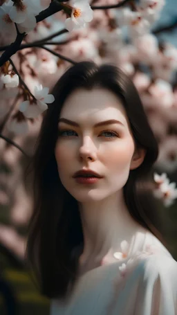 a woman standing in front of a flowering tree, portrait sophie mudd, hana yata, delicate pale pink lips, pale-skinned persian girl, beautiful pale makeup, monia merlo, livia prima, petals, natural soft pale skin, beautiful feminine face, cherry blossom background, aykut aydogdu, cinematic beautiful natural skin, nature goddess, blossoms