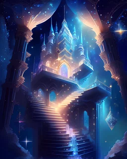 A celestial castle with floating staircases and rooms filled with glowing crystals.