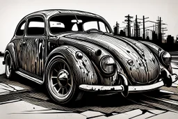create an abstract, woodcut of battered and beaten Volkwagen beetle rat rod with highly detailed and deeply cut features, lost in a horrific post apocalyptic world, in the style of KATHE KOLLWITZ , searing lines and forceful strokes