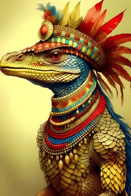 anthropomorphic monitor lizard, female, scales in warm colored tones, scars on both arms, wearing a colorful feathered headdress