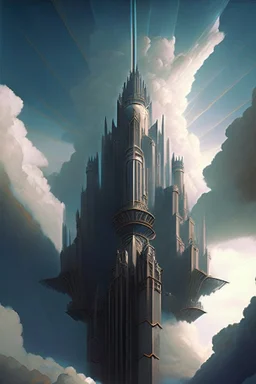 Enormous castle in the sky, ominously looming above in the style of art deco